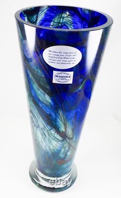 Makora Krosno Poland Hand Blown Cobalt Blue Swirls Tapered Art Glass Vase 12.75