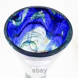 Makora Krosno Poland Hand Blown Cobalt Blue Swirls Tapered Art Glass Vase 12.75