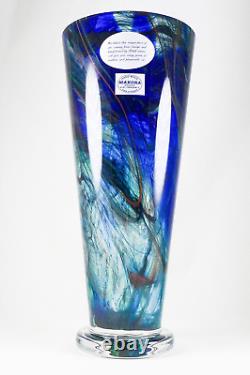Makora Krosno Poland Hand Blown Cobalt Blue Swirls Tapered Art Glass Vase 12.75