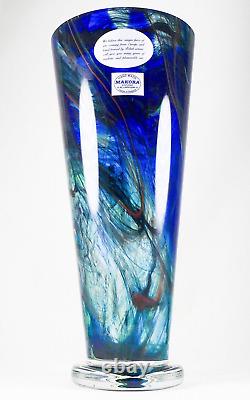 Makora Krosno Poland Hand Blown Cobalt Blue Swirls Tapered Art Glass Vase 12.75