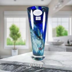 Makora Krosno Poland Hand Blown Cobalt Blue Swirls Tapered Art Glass Vase 12.75
