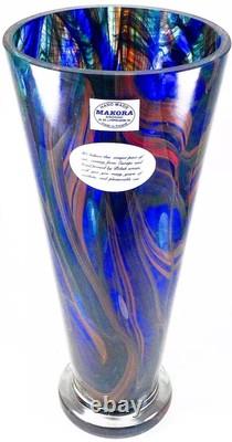 Makora Krosno Poland Hand Blown Multicolored Swirl Cobalt Blue Art Glass Vase