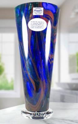 Makora Krosno Poland Hand Blown Multicolored Swirl Cobalt Blue Art Glass Vase