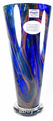 Makora Krosno Poland Hand Blown Multicolored Swirl Cobalt Blue Art Glass Vase