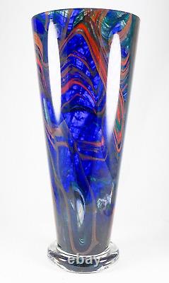 Makora Krosno Poland Hand Blown Multicolored Swirl Cobalt Blue Art Glass Vase