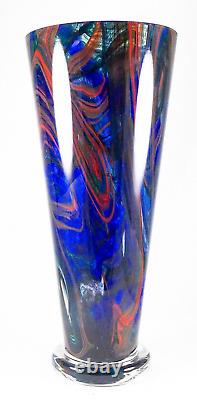 Makora Krosno Poland Hand Blown Multicolored Swirl Cobalt Blue Art Glass Vase