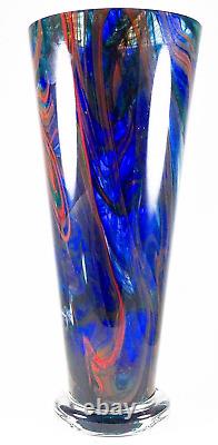 Makora Krosno Poland Hand Blown Multicolored Swirl Cobalt Blue Art Glass Vase