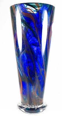 Makora Krosno Poland Hand Blown Multicolored Swirl Cobalt Blue Art Glass Vase