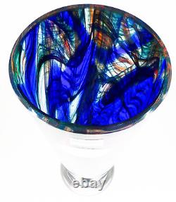 Makora Krosno Poland Hand Blown Multicolored Swirl Cobalt Blue Art Glass Vase