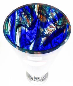 Makora Krosno Poland Hand Blown Multicolored Swirl Cobalt Blue Art Glass Vase