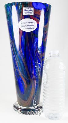 Makora Krosno Poland Hand Blown Multicolored Swirl Cobalt Blue Art Glass Vase