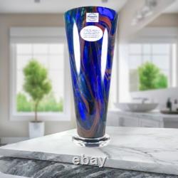 Makora Krosno Poland Hand Blown Multicolored Swirl Cobalt Blue Art Glass Vase