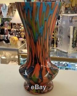 Makora Krosno Polish Hand Blown Cased Glass Vase Orange Blue Green 11 1/2