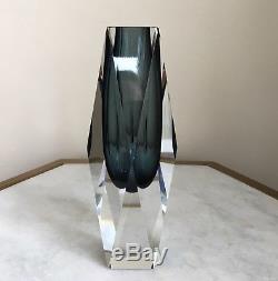 Mandruzzato Art Glass Faceted Prism Vase Sommerso Smoke Blue 8 Tall Murano