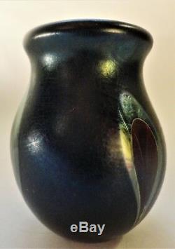 Mark Peiser art glass vase dark blue patterned favrile gem 2.75H Perfect