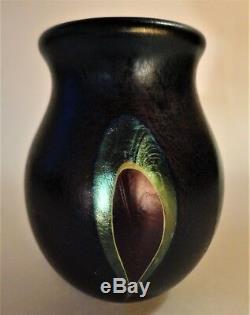 Mark Peiser art glass vase dark blue patterned favrile gem 2.75H Perfect
