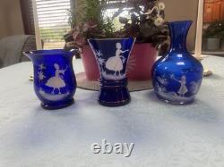 Mary Gregory Cobalt Blue Glass Antique, Victorian, Lot of 3 Pieces