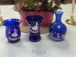 Mary Gregory Cobalt Blue Glass Antique, Victorian, Lot of 3 Pieces