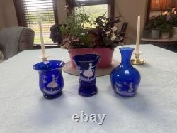 Mary Gregory Cobalt Blue Glass Antique, Victorian, Lot of 3 Pieces