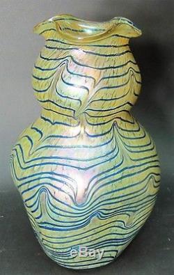Massive KRALIK Blue on Gold Iridized Art Glass Vase c. 1910 antique Bohemian