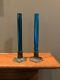 Matching Pair c. 1910 Tiffany Studios Favrile Blue Glass Bud Vases w Bronze Bases