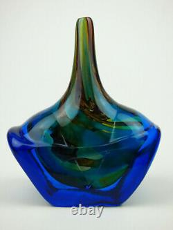 Mdina Tiger pattern glass Fish vase with blue wings signed 70s Malta Dobson