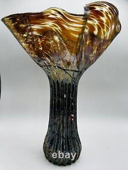 Mensch Iridescent Art Glass Vase Handblown Dichroic Glass Applied Ribbon Details