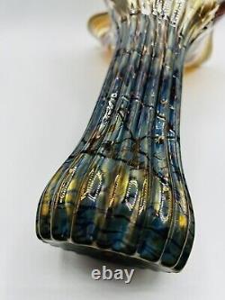 Mensch Iridescent Art Glass Vase Handblown Dichroic Glass Applied Ribbon Details