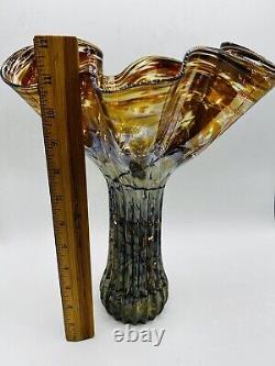 Mensch Iridescent Art Glass Vase Handblown Dichroic Glass Applied Ribbon Details