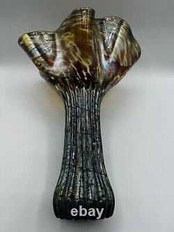 Mensch Iridescent Art Glass Vase Handblown Dichroic Glass Applied Ribbon Details