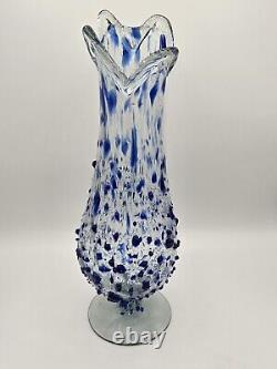 Mexico Swung Art Glass Vase Blue Confetti Hand Blown 15