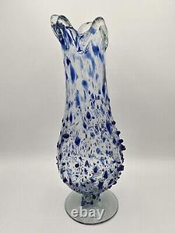 Mexico Swung Art Glass Vase Blue Confetti Hand Blown 15