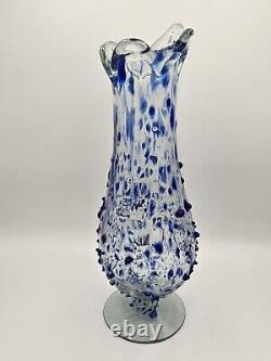 Mexico Swung Art Glass Vase Blue Confetti Hand Blown 15