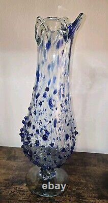 Mexico Swung Art Glass Vase Blue Confetti Hand Blown 15