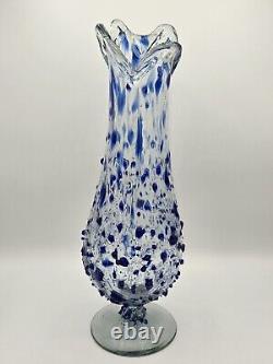 Mexico Swung Art Glass Vase Blue Confetti Hand Blown 15