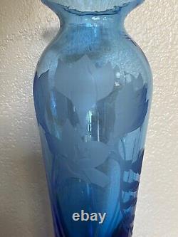 Michele Dern Trinidad CA Glass Studio Etched Blue Glass Freesa Vase 25/50 signed