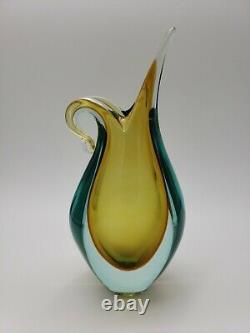 Mid Century 1950s Murano Hand Blown Yellow And Blue Glass Vase Pitcher GORGEOUS