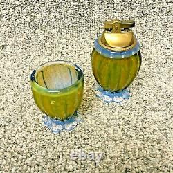 Mid-Century Art Glass Green Blue Table Lighter & Cigarette Cup Set Camer Glass