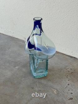 Mid-Century Art Glass Vase with Blue & White Swirls Hand-Blown Sculptural