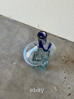 Mid-Century Art Glass Vase with Blue & White Swirls Hand-Blown Sculptural