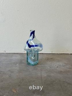 Mid-Century Art Glass Vase with Blue & White Swirls Hand-Blown Sculptural