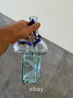 Mid-Century Art Glass Vase with Blue & White Swirls Hand-Blown Sculptural