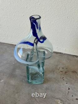 Mid-Century Art Glass Vase with Blue & White Swirls Hand-Blown Sculptural
