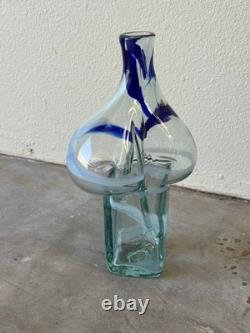 Mid-Century Art Glass Vase with Blue & White Swirls Hand-Blown Sculptural