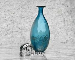 Mid-Century Atomic Blue Blown Art Glass Tall Flared Vase