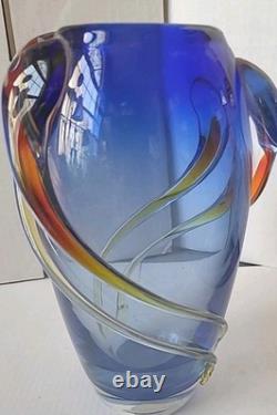 Mid Century Blue Boheimian Studio Art Glass Vase Handblown Fused/Swirling Design