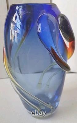 Mid Century Blue Boheimian Studio Art Glass Vase Handblown Fused/Swirling Design