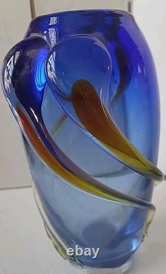 Mid Century Blue Boheimian Studio Art Glass Vase Handblown Fused/Swirling Design
