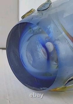 Mid Century Blue Boheimian Studio Art Glass Vase Handblown Fused/Swirling Design