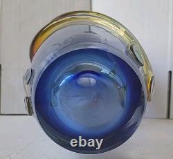 Mid Century Blue Boheimian Studio Art Glass Vase Handblown Fused/Swirling Design